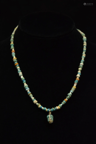 EGYPTIAN FAIENCE BEADED NECKLACE WITH PATAIKOS AMULET