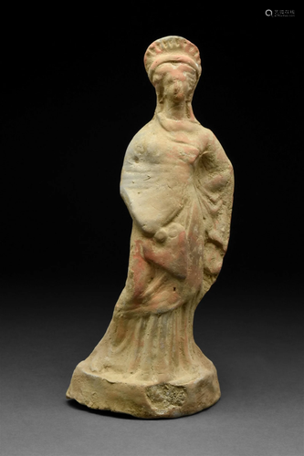 GREEK BOETIAN TERRACOTTA TANAGRA OF A DRAPED WOMAN