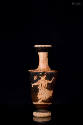 GREEK ATTIC RED FIGURE POTTERY LEKYTHOS WITH DANCING WOMAN