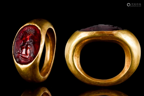 STUNNING ROMAN GOLD GARNET INTAGLIO RING WITH MERCURY