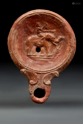 RARE ROMAN TERRACOTTA OIL LAMP WITH ALEXANDER THE GREAT ON E...