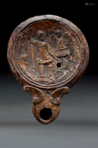 ROMAN TERRACOTTA OIL LAMP WITH MARS NEAR SPOILS OF WAR