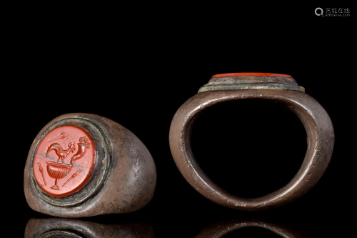 MASSIVE ROMAN SILVER INTAGLIO RING WITH BIRD, CORNUCOPIA AND...