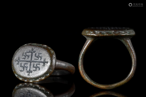 ROMAN BRONZE RING WITH SWASTIKAS