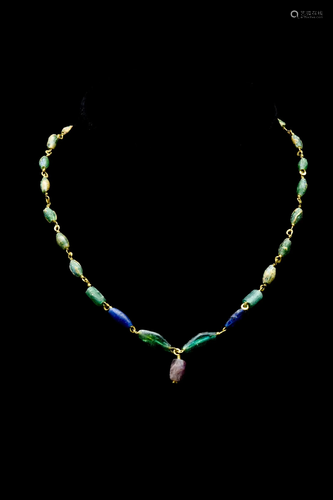 ROMAN EMERALD, GLASS AND AMETHYST BEADED GOLD NECKLACE