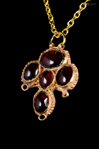 BYZANTINE GOLD CROSS PENDANT WITH GARNET STONES