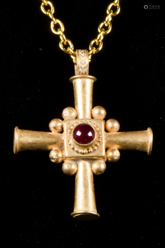 BYZANTINE GOLD CROSS PENDANT WITH FILIGREE AND GARNET