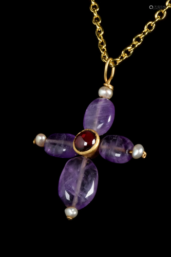 BYZANTINE GOLD CROSS PENDANT WITH AMETHYST, GARNET AND PEARL...