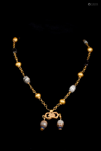 BYZANTINE GOLD, AGATE AND GLASS BEADED NECKLACE