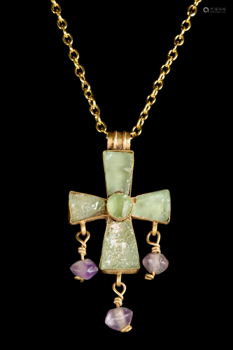 BYZANTINE GOLD CROSS PENDANT WITH DANGLING BEADS