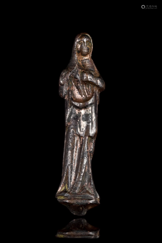 RARE MEDIEVAL LIMOGE GILDED BRONZE VIRGIN MARY FIGURE