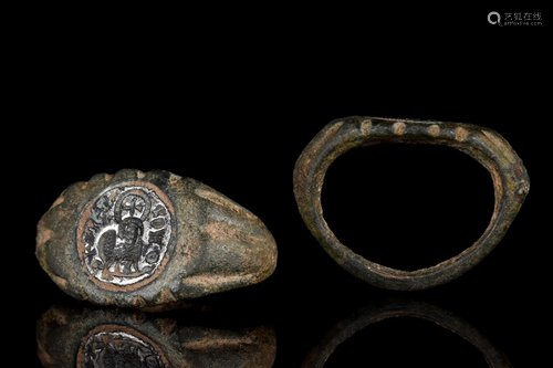 BYZANTINE BRONZE AND SILVER INTAGLIO RING