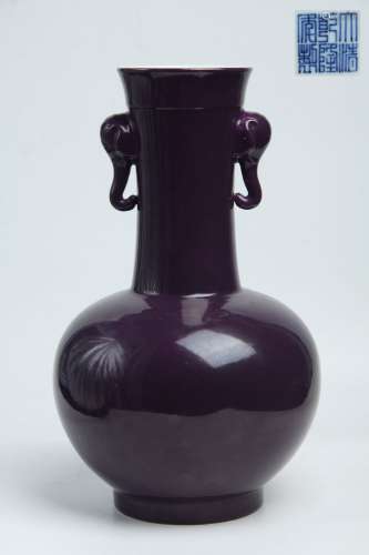 旧藏 茄皮紫釉象耳瓶