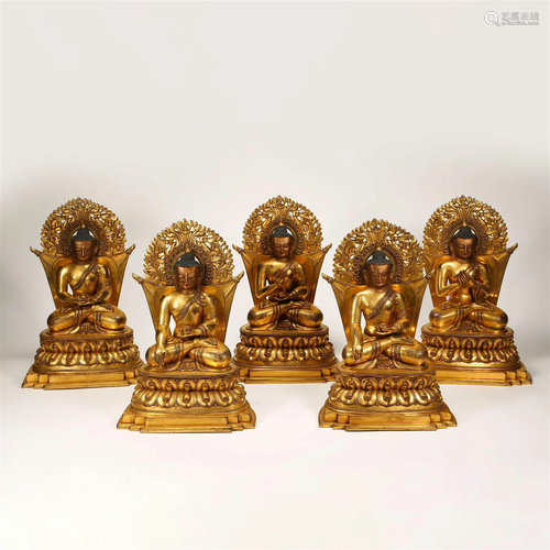 Qing Dyna sty,Gilt Five Buddha Statues