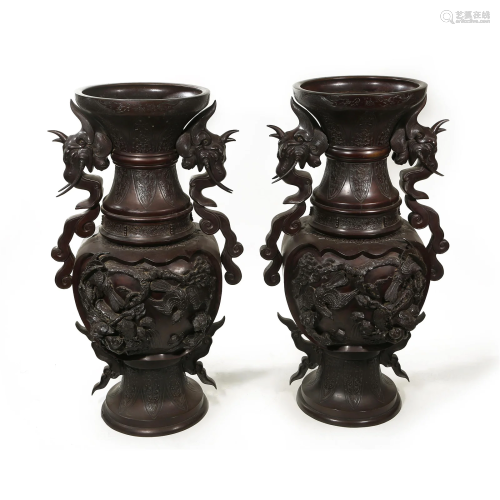 Qing Dynasty,Copper Double Dragon Head Two Bottles (A Pair)