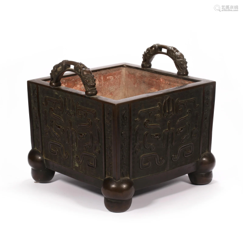 Qing Dynasty, Copper Longevity Pattern Squace Furnace