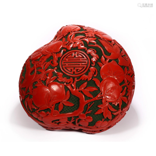 Qing Dynasty,Red Carved Lacquerware Dragon Longevity Peach S...