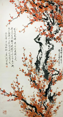 Chinese Ink Painting,Dong Shouping,Red Plum Paper Lens