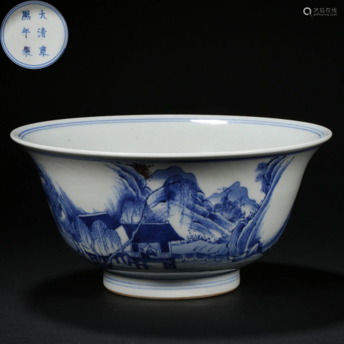 Qing Dynasty, Blue and White Landscape Bowl