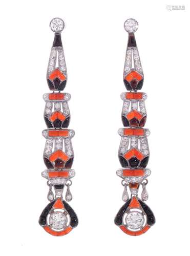 Pair of long earrings, art deco style with coral and onyx di...