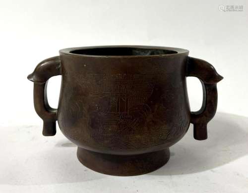 A Chinese Bronze Censer with Intricately Etched Figural Scen...