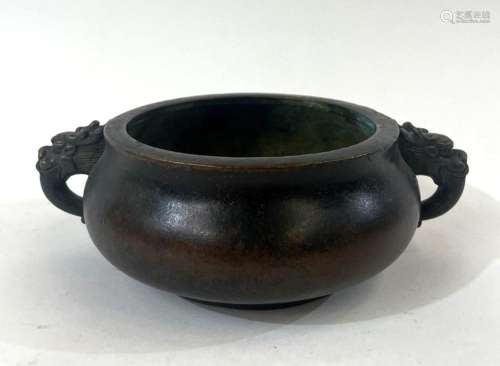 A Chinese Bronze Censer with Twin Liondog Detail Handle