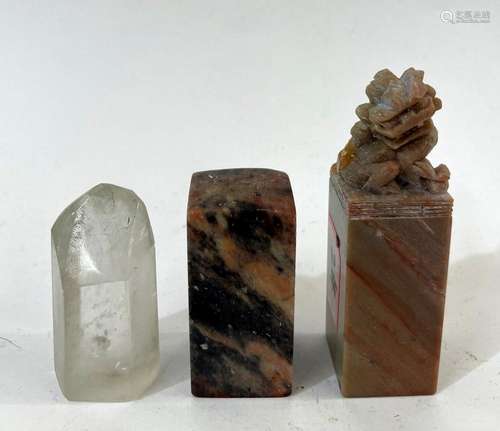 Three Chinese Soap Stone & Quartz Seals including one wi...