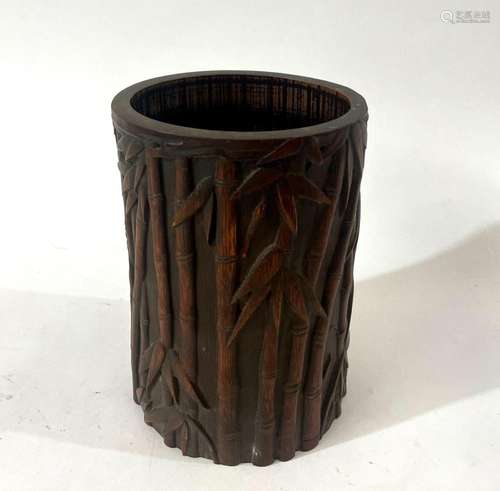 A Chinese Wooden Brush Pot with Carved Bamboo Detail