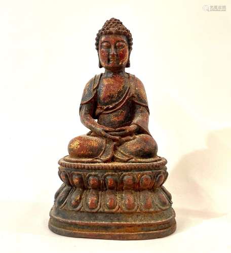 A Cast Metal Tibetan Varada Mudra Seated Buddha with Gilt De...