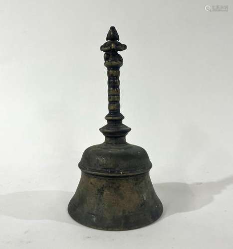 An Indian Brass Ritual Temple Bell with Figural Handle Detai...