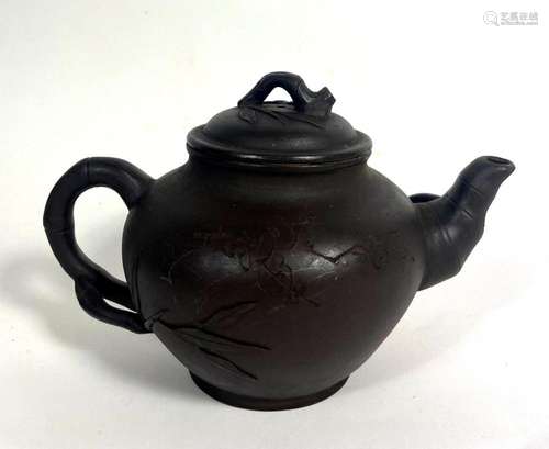 A Chinese Yixing Brown Clay Teapot with Tea Poem & Bambo...