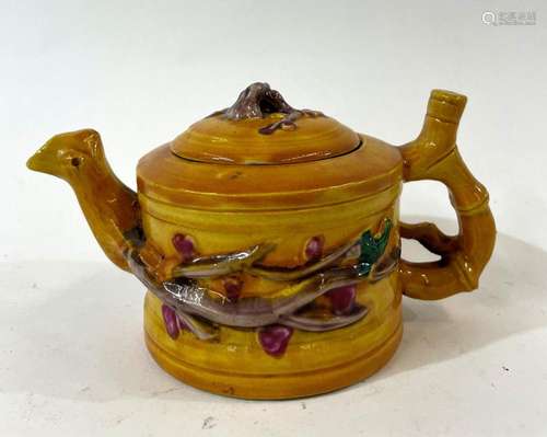 A Chinese Porcelain Yellow Teapot with Moulded Cherry Blosso...