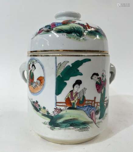 Chinese Famille Rose Porcelain Tea Caddy Depicting Figural S...