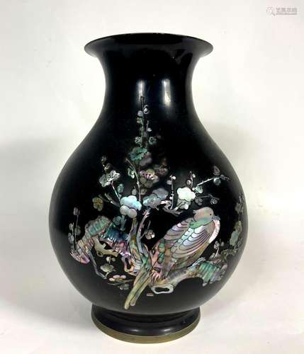 A Large Korean Brass & Black Enamel Chinoiserie Vase wit...