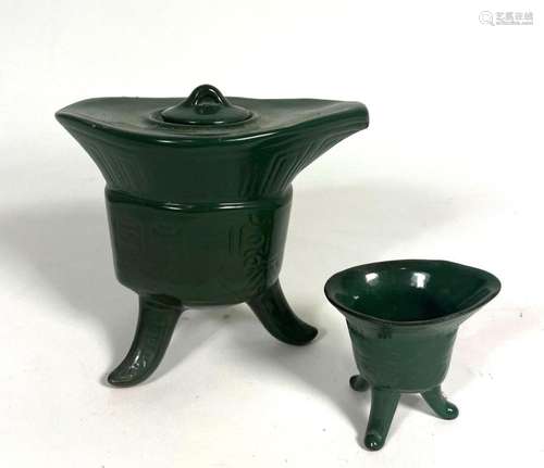 A Chinese Green Glaze Clay Tri Footed Teapot & Cup