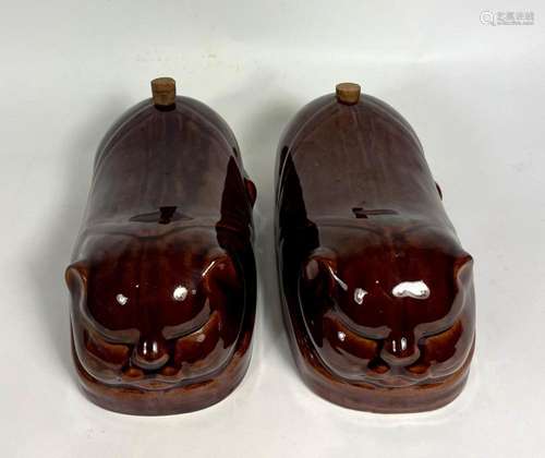 A Pair of Chinese Vintage Ceramic Brown Glazed Foot-warmers ...