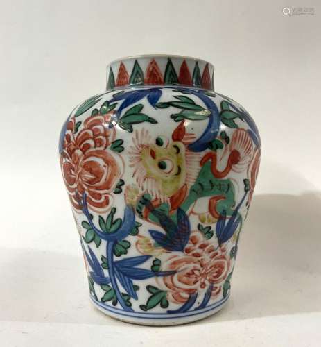 A Chinese Handpainted Wucai Ginger Jar depicting Liondogs &a...