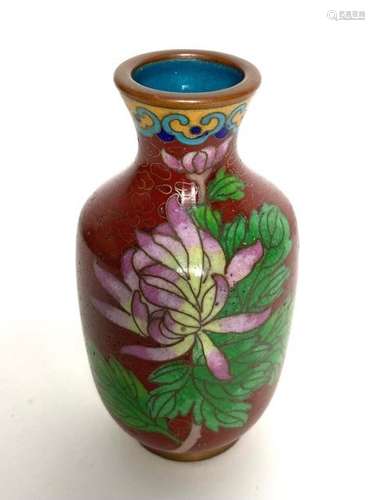 A Miniature Cloisonne Vase with Pink Chrysanthemum Detail