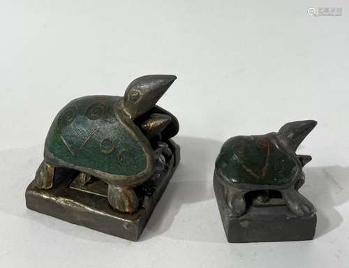 Two Graduating Sets of Cloisonne Seals in the form of Tortoi...