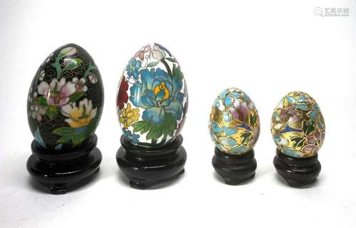 Two Pairs of Cloisonne Ornamental Eggs with Floral Detail on...