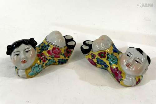 Two Vintage Chinese Rose Famille Reclining Boy & Girl Fi...