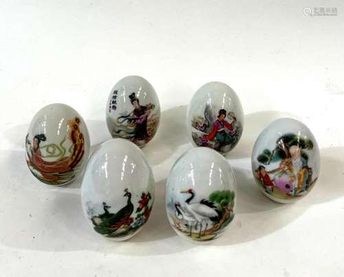 Six Chinese Porcelain Painted Eggs Depicting Figural Scenes