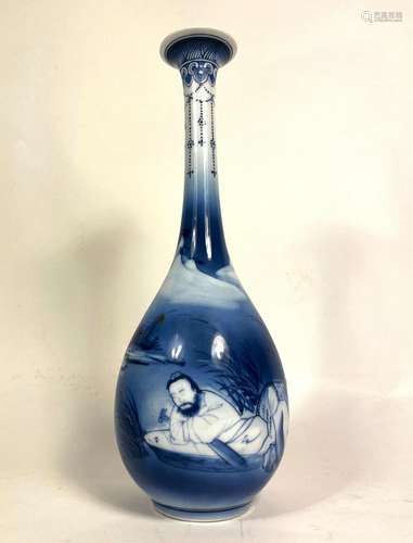 A Blue & White Chinese Bud Vase Depicting Figural Scene