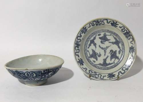 A Chinese Blue & White Bowl & a Dish, 18-19th C.