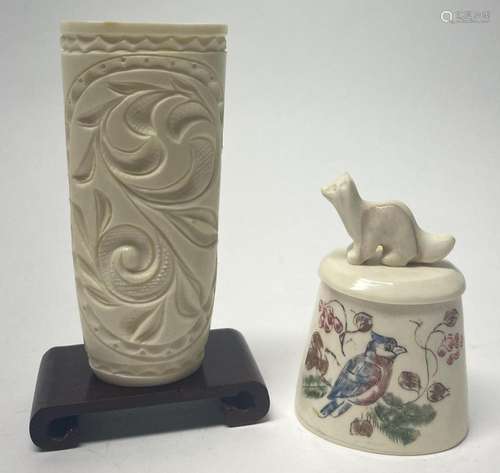 A Chinese Carved Trinket Box with Fox Detail Lid & Flora...