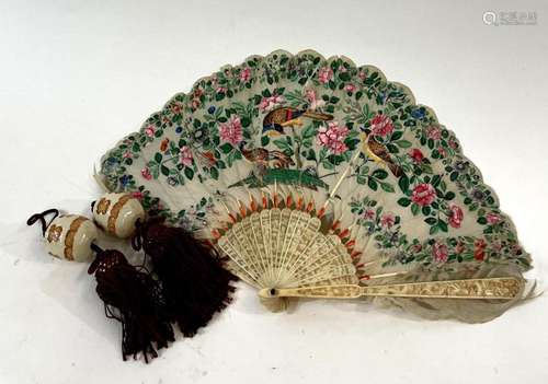 A Chinese Vintage Handpainted Fan & Two Painted Ceramic ...