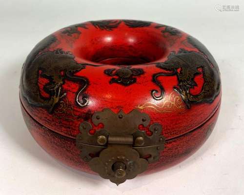 A Red Vintage Feng Shui Luo Pan Necklace Box with Gilt Drago...