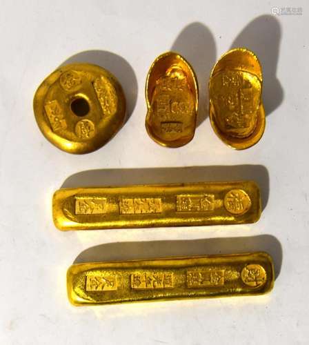 Five Chinese Facsimile Gold Colour Metal Bars