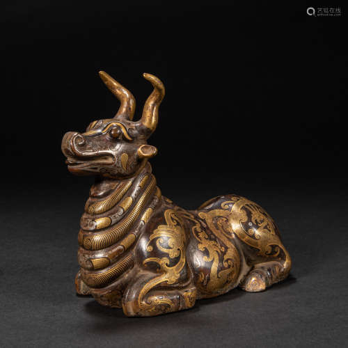 CHINESE BRONZE BULL INLAID WITH GOLD, HAN DYNASTY