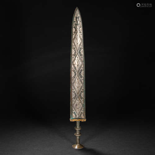 CHINESE BRONZE SWORD INLAID WITH GOLD AND SILVER, HAN DYNAST...